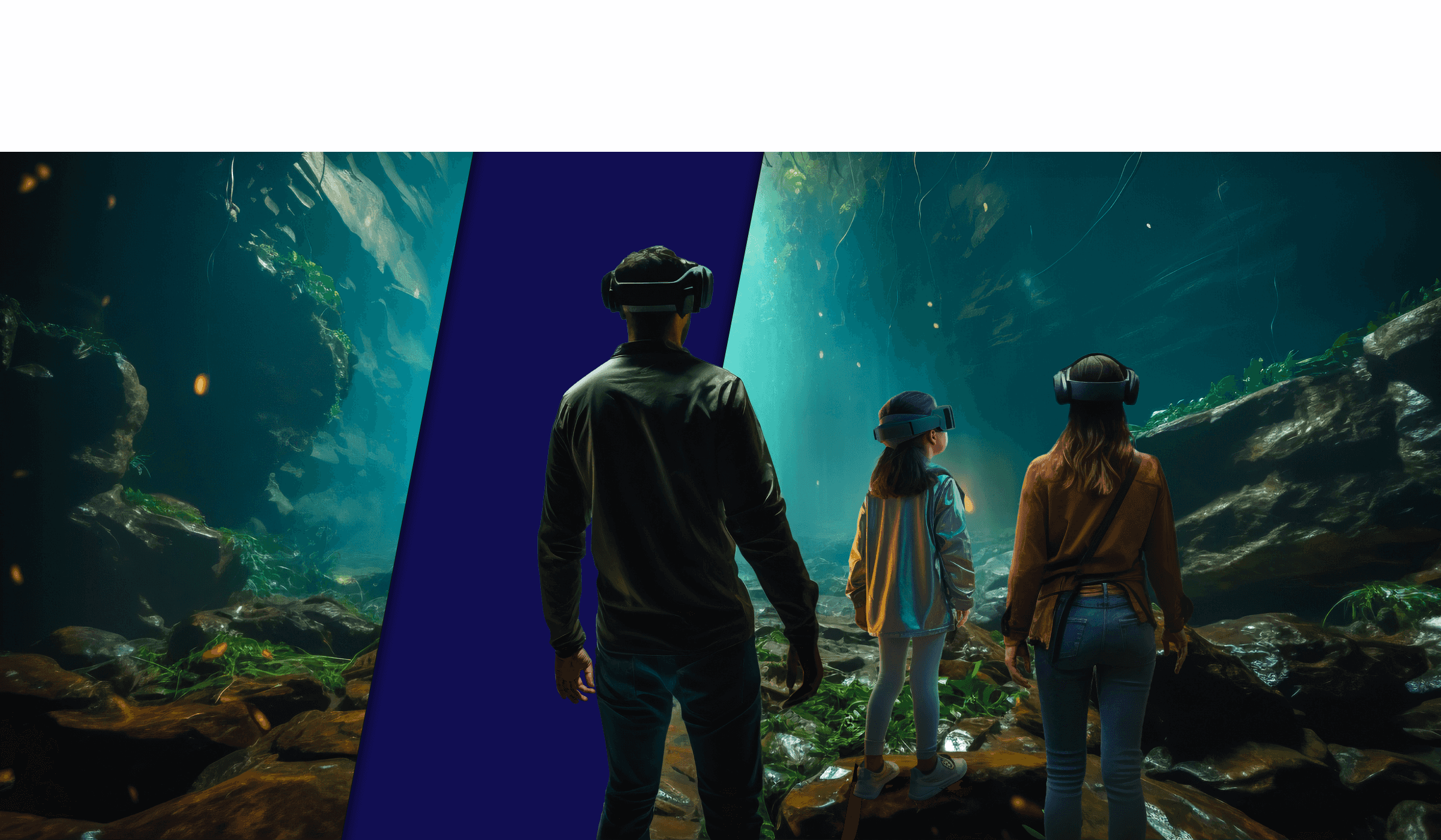 Background image with mountains and people wearing vr goggles