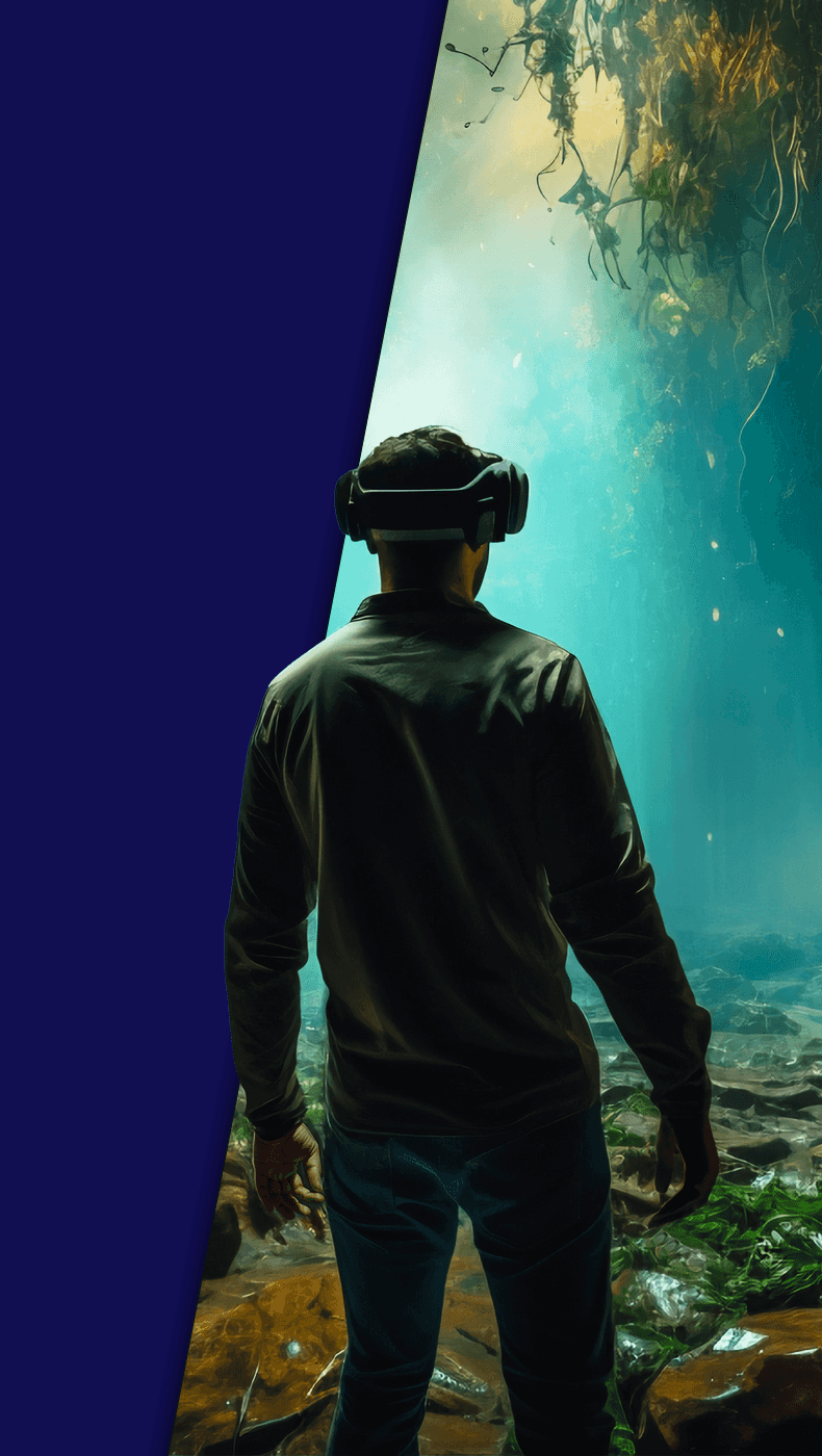 Background image with mountains and people wearing vr goggles